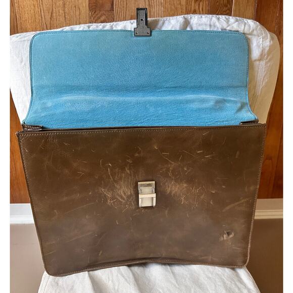 PIQUADRO Brown Leather High-Tech Classic Doctor Briefcase blue trim used scuffs - Picture 1 of 16